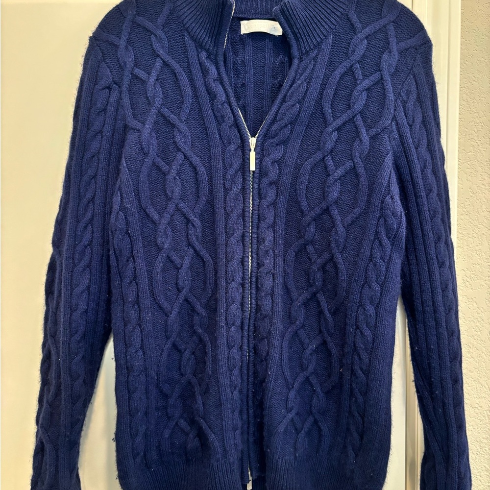 Navy Cable Knit Zip-Up Cashmere Sweater